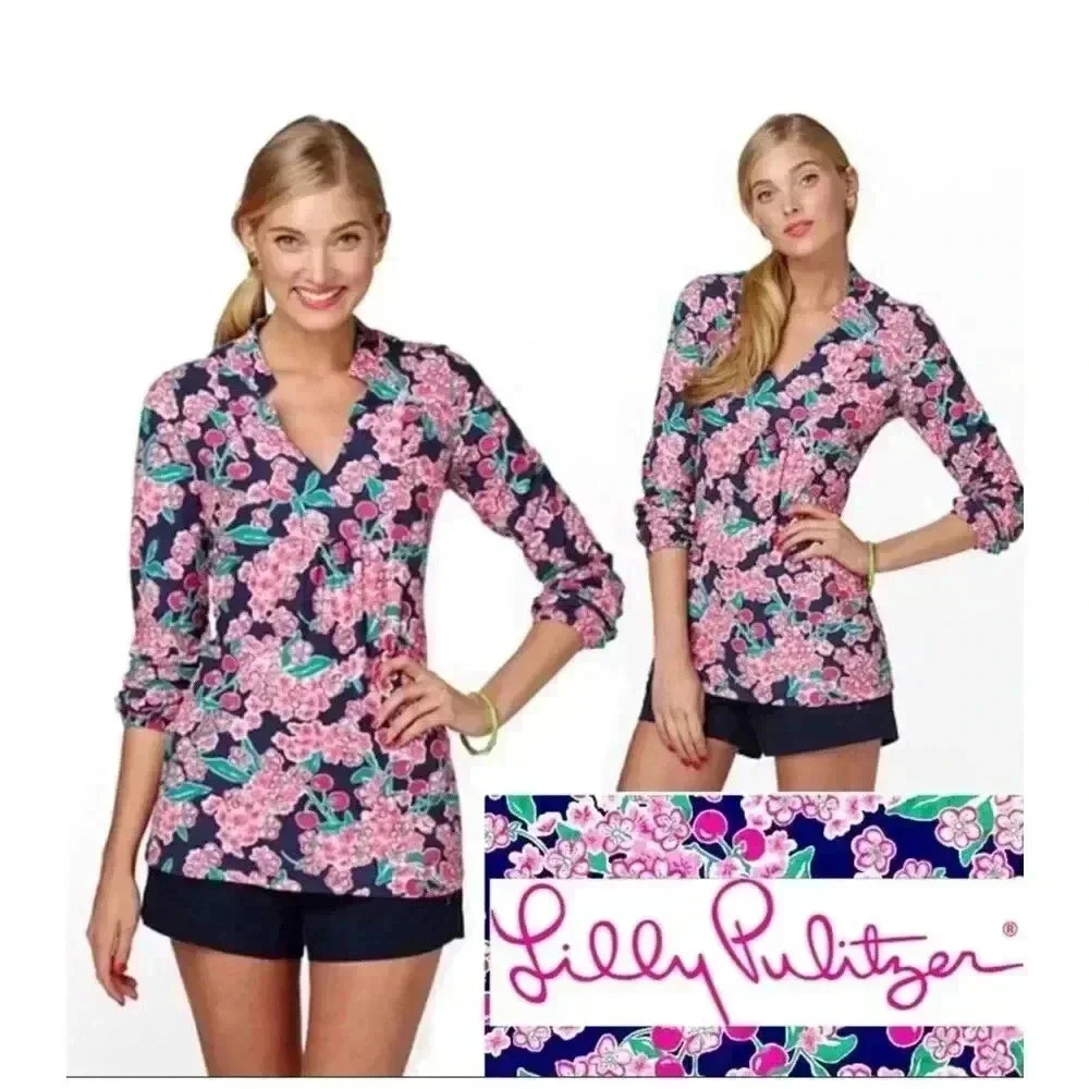 Lilly Pulitzer Cherry Picker  Top Navy Pink xs Dopamine Boho V Neck Long Sleeve